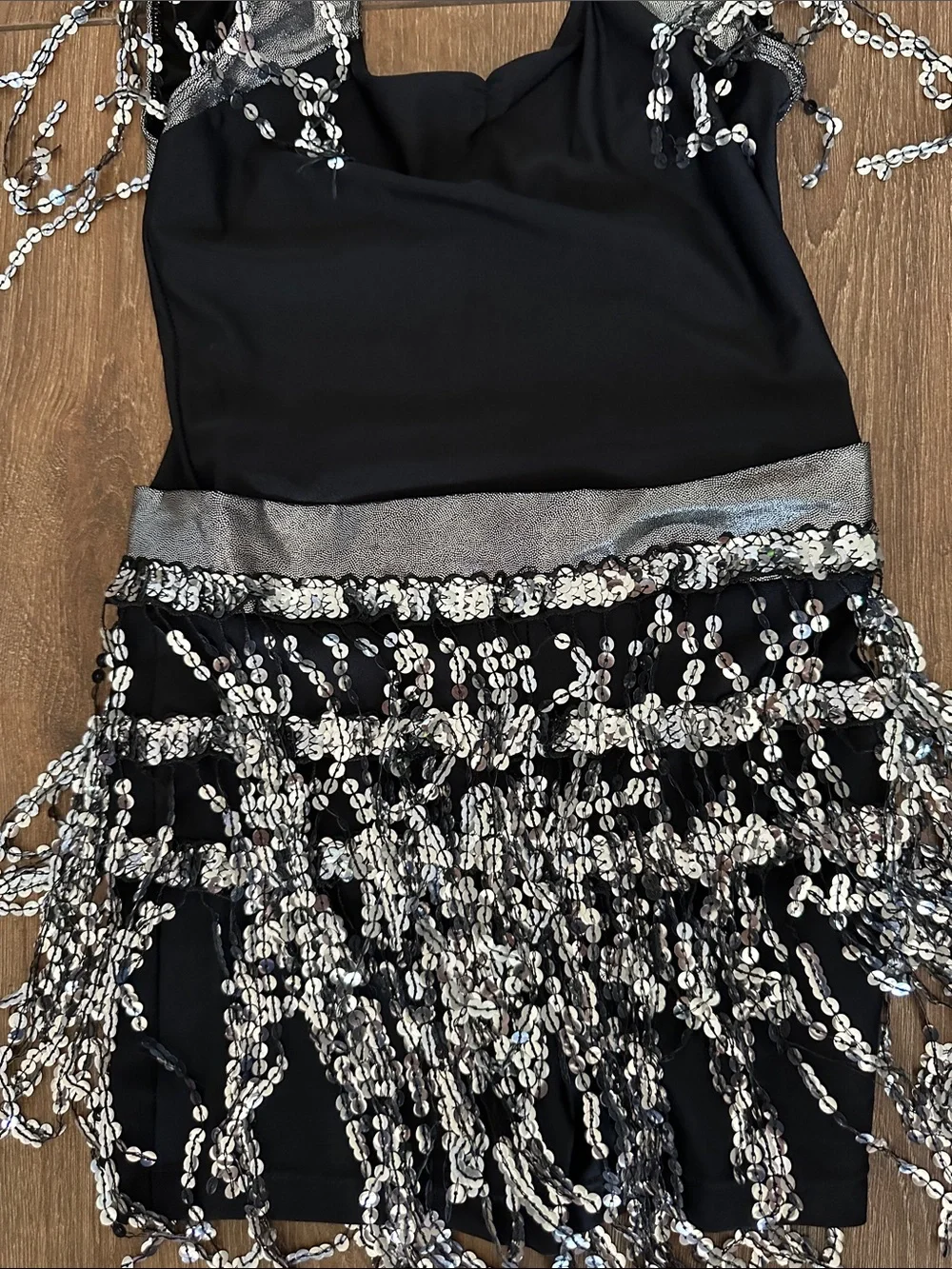 Revolution  girls Black and Silver Sequin Fringe Dance Halloween Costume. Size L